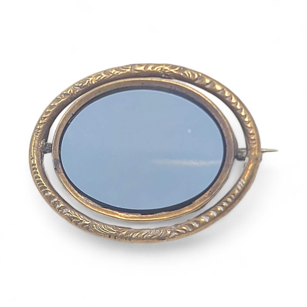 Antique Victorian Mourning Swivel Brooch Blue Glass Woven Hair Gold Tone Oval
